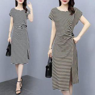 Short-sleeve Striped Slit A-line Dress