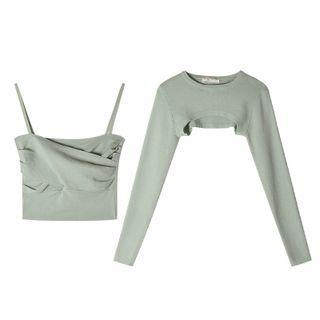 Plain Skinny Long Sleeve Crop Top+plain Skinny Tank Top