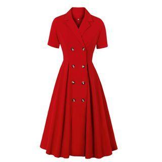 Short-sleeve Double-breasted Midi A-line Blazer Dress