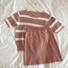 Set: Short-sleeve Striped Knit Top + Skirt Top - Bean Red - One Size / Skirt - Bean Red - One Size