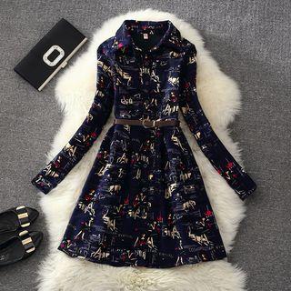 Fleece-lined Print Long-sleeve Shirtdress