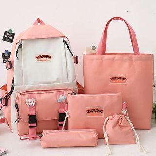 Set Of 5: Nylon Color Block Zip Backpack + Tote Bag + Pouch