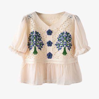 Puff-sleeve Embroidered Crochet Panel Chiffon Blouse