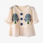 Puff-sleeve Embroidered Crochet Panel Chiffon Blouse