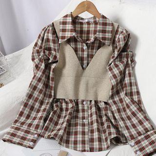 Plaid Shirt / Cropped Vest / Set