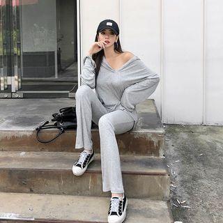 Set: Hooded Ribbed Top + Boot-cut Pants