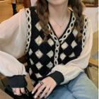 V-neck Argyle Panel Long-sleeve Knit Top Black & White - One Size