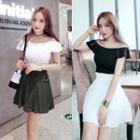 Set: Off-shoulder Short-sleeve Top + Pleated A-line Skirt