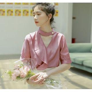 Short-sleeve Ruffled Cutout Chiffon Blouse