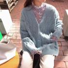 Long-sleeve Lace Mock-neck Top / Chunky Knit Cardigan / Wide-leg Pants