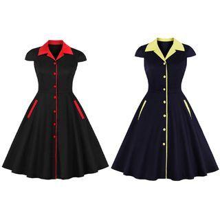 Cap-sleeve Contrast Trim Collared A-line Dress