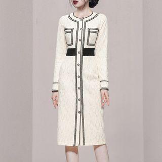 Long-sleeve Contrast Trim Pointelle Knit Midi Sheath Dress