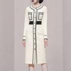 Long-sleeve Contrast Trim Pointelle Knit Midi Sheath Dress