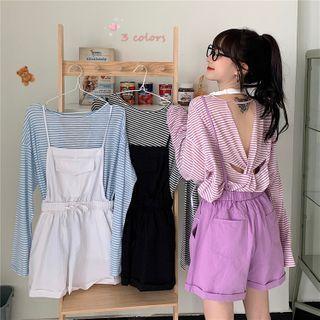 Open-back Striped Long-sleeve Loose-fit T-shirt / Plain Jumper Shorts