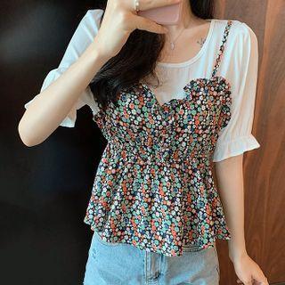 Mock Two-piece Short-sleeve Panel Floral Chiffon Top
