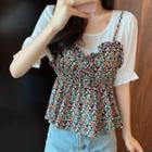 Mock Two-piece Short-sleeve Panel Floral Chiffon Top