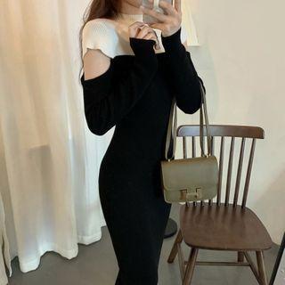 Cold-shoulder Paneled Midi Knit Dress