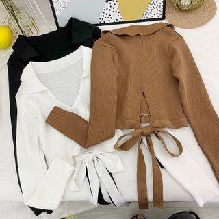Long-sleeve Collared Tie-strap Knit Crop Top
