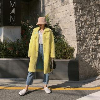 Buckle-neck Hidden-button Sherpa-fleece Coat Yellow - One Size