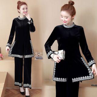 Set: Velvet Long-sleeve Top + Wide-leg Pants