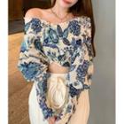Details Off-shoulder Smocked Floral Crop Top Blue - One Size