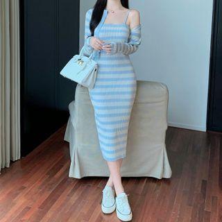 Striped Cardigan / Spaghetti Strap Knit Mini Bodycon Dress
