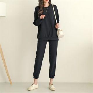 Set: Round-neck Plain Pullover + Band-waist Jogger Pants