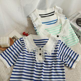 Lace-trim Striped Cropped Polo Shirt