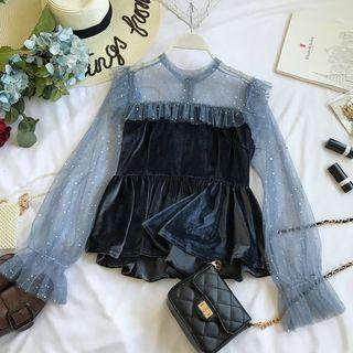 Long-sleeve Panel Velvet Blouse