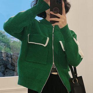 Round Neck Two-tone Zip Cardigan