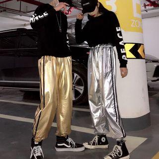 Long-sleeve Lettering Top / Contrast Trim Harem Pants