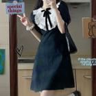 Short-sleeve Lace Panel Plaid Mini A-line Dress