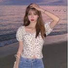 Lantern Sleeve Floral Cropped Top White - One Size