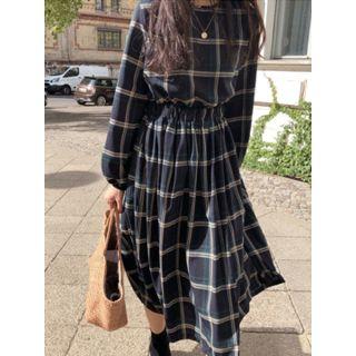 Gathered-waist Checked Midi Dress