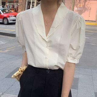 Puff Sleeve Shawl Lapel Plain Blouse