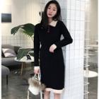 Color Block Collared Long-sleeve Knit Dress Black - One Size
