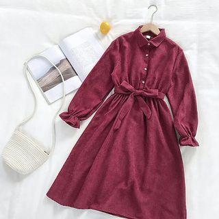 Plain Ribbon Lace-up Long-sleeve Dress