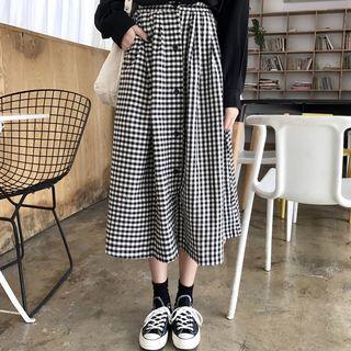 Midi A-line Plaid Skirt Plaid - Black & White - One Size