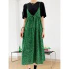 Set: Short-sleeve Plain T-shirt + Leopard Print Midi Overall Dress