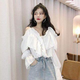 Long-sleeve Ruffle Blouse White - One Size