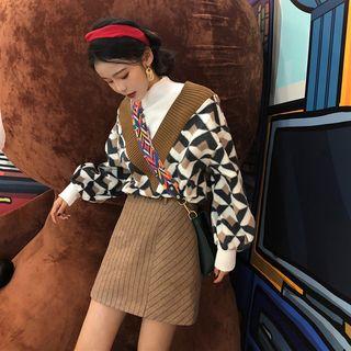 Set: Mock Two-piece Sweater + Striped Mini A-line Skirt + Belt
