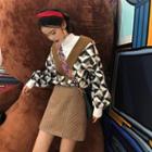 Set: Mock Two-piece Sweater + Striped Mini A-line Skirt + Belt