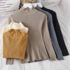 Plain Mock-neck Long-sleeve Slim-fit Knit Top - 17 Colors