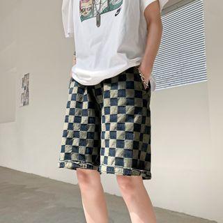 Checkerboard Wide-leg Denim Shorts