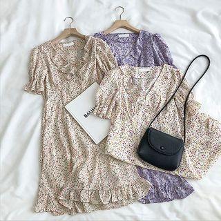 Floral V-neck Ruffled-trim Short-sleeve Dress