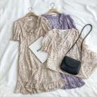 Floral V-neck Ruffled-trim Short-sleeve Dress