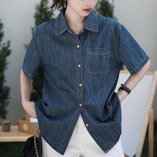 Elbow-sleeve Denim Shirt Dark Blue - One Size