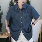 Elbow-sleeve Denim Shirt Dark Blue - One Size