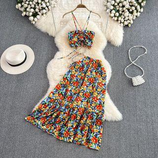Set: Floral Print Halter Top + A-line Skirt