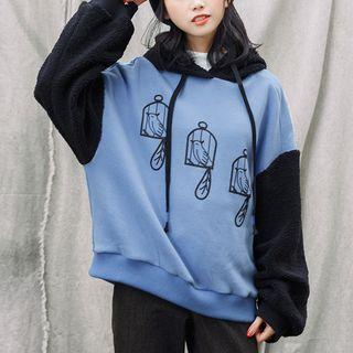 Bird Print Color-block Fleece-lined Hoodie